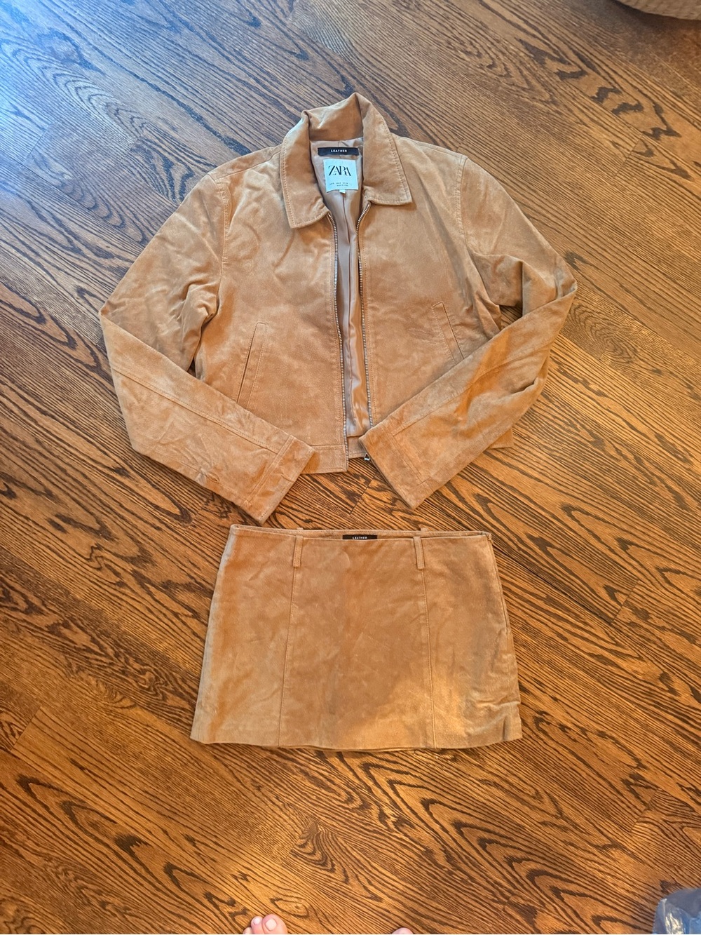 Zara Tan Suede Zip-Front Jacket and Matching Skirt